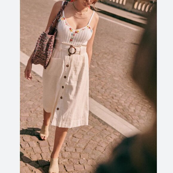 Sezane Hanna Skirt High Waist Midi Belted Button Front Cotton Cream Size 12 (44) - Picture 2 of 14